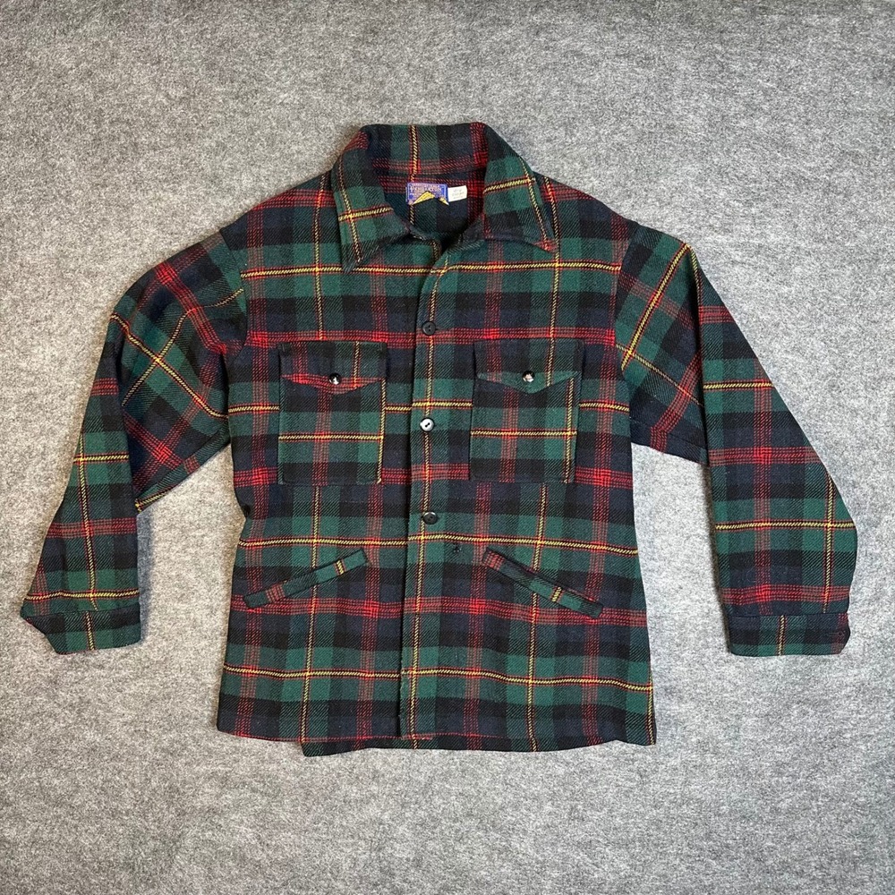 Vintage 70's Pendleton Wool Shirt Jacket Green Red Plaid Flannel Mens Medium USA